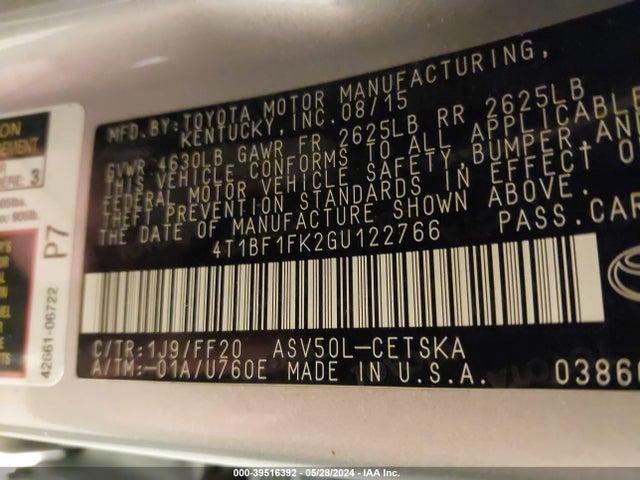 Toyota CAMRY SE 2016 4T1BF1FK2GU122766 Image 9