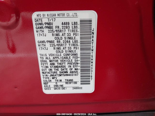 Nissan ROGUE SV 2017 JN8AT2MT5HW403187 Image 9