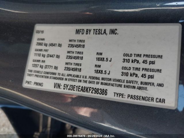 5YJ3E1EA8KF298386 Tesla Model 3 Long Range/mid Range/standard Range/standard Range Plus