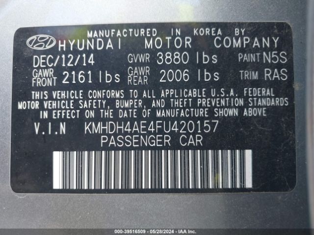 KMHDH4AE4FU420157 Hyundai ELANTRA SE