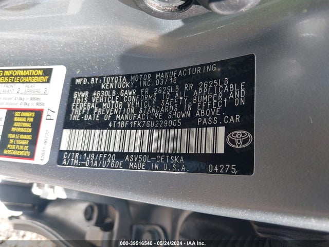 Toyota CAMRY SE 2016 4T1BF1FK7GU229005 Image 9