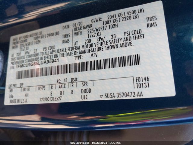 1FMCU9G65LUA95941 Ford ESCAPE SE