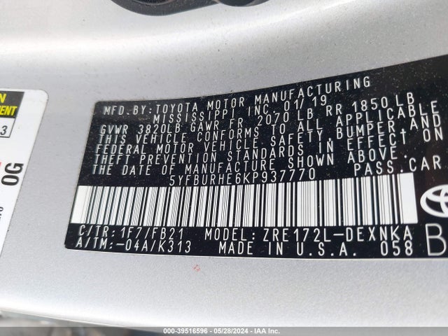 Toyota COROLLA LE 2019 5YFBURHE6KP937770 Image 9