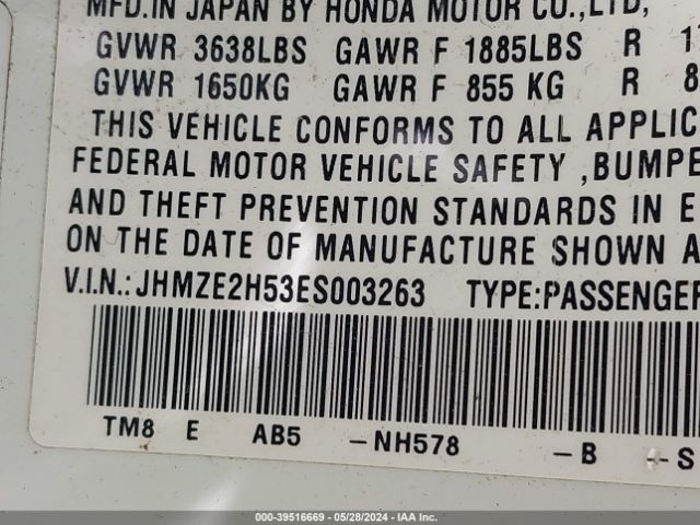 JHMZE2H53ES003263 Honda Insight Lx