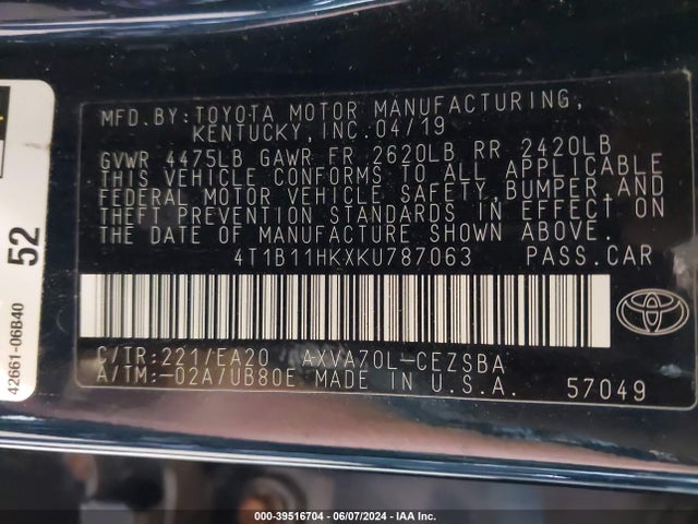 Toyota CAMRY SE 2019 4T1B11HKXKU787063 Image 9