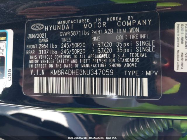 KM8R4DHE3NU347059 Hyundai Palisade Sel