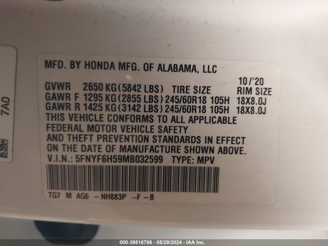 Honda Pilot Awd Ex-l 2021 5FNYF6H59MB032599 Image 9