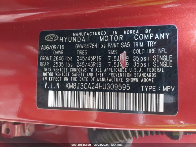 KM8J3CA24HU309595 Hyundai Tucson Limited