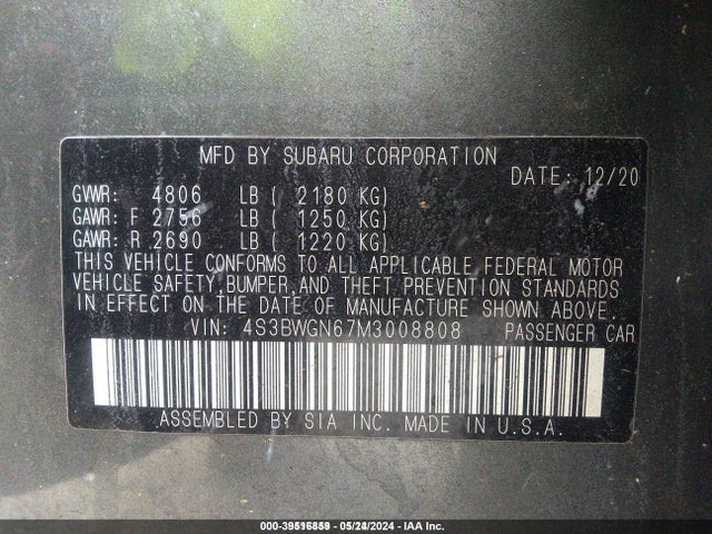 Subaru Legacy Limited Xt 2021 4S3BWGN67M3008808 Image 9