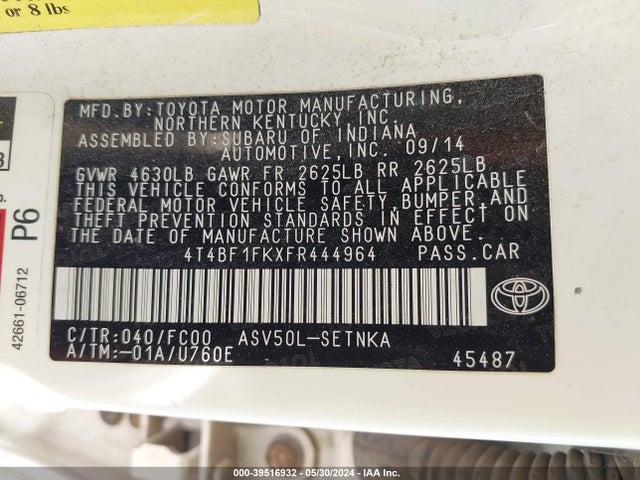 Toyota CAMRY LE 2015 4T4BF1FKXFR444964 Image 9