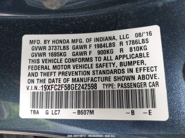 Honda Civic Lx 2016 19XFC2F58GE242598 Image 9