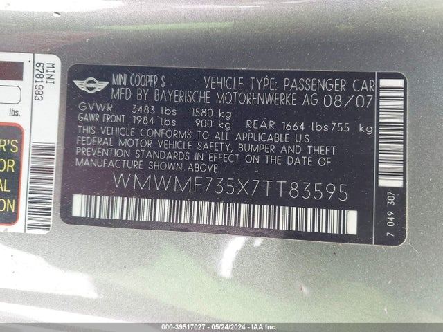 2007 MINI COOPER S WMWMF735X7TT83595 Photo 8
