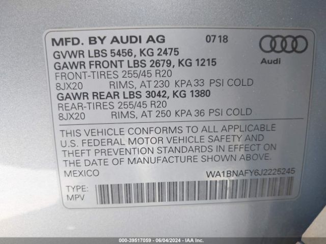 WA1BNAFY6J2225245 Audi Q5 2.0t Premium/2.0t Tech Premium