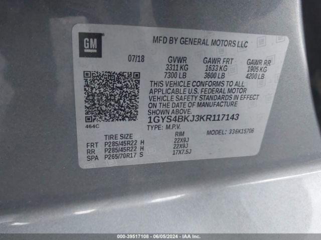 1GYS4BKJ3KR117143 Cadillac Escalade Luxury