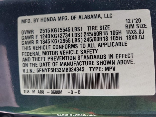 Honda Pilot 2wd Ex 2021 5FNYF5H33MB024345 Image 9
