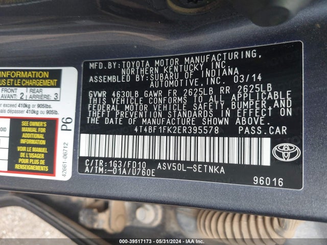 Toyota CAMRY LE 2014 4T4BF1FK2ER395578 Image 9