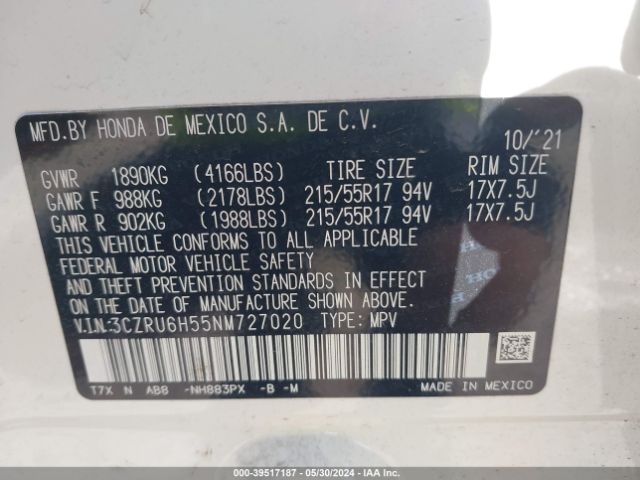 3CZRU6H55NM727020 Honda Hr-v Awd Ex