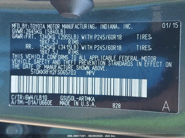 Toyota Highlander Xle V6 2015 5TDKKRFH2FS065703 Image 9