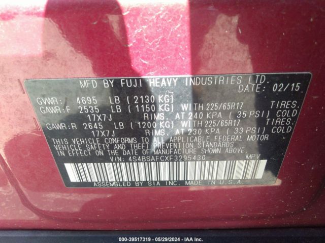 4S4BSAFCXF3295430 Subaru Outback 2.5i Premium