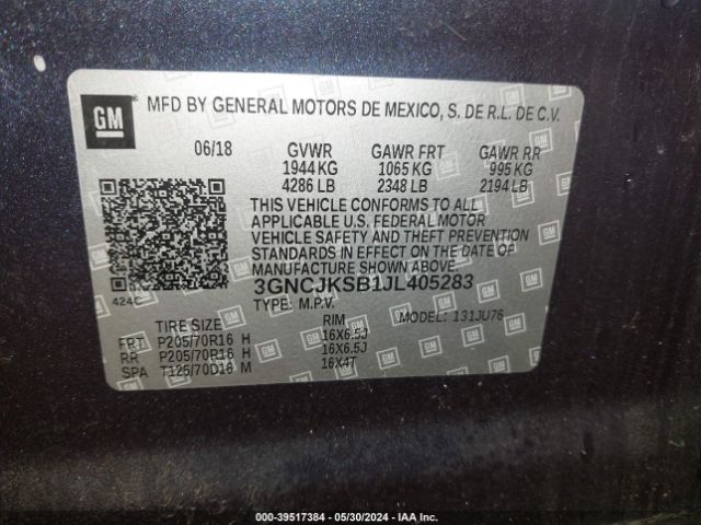 3GNCJKSB1JL405283 Chevrolet TRAX LS