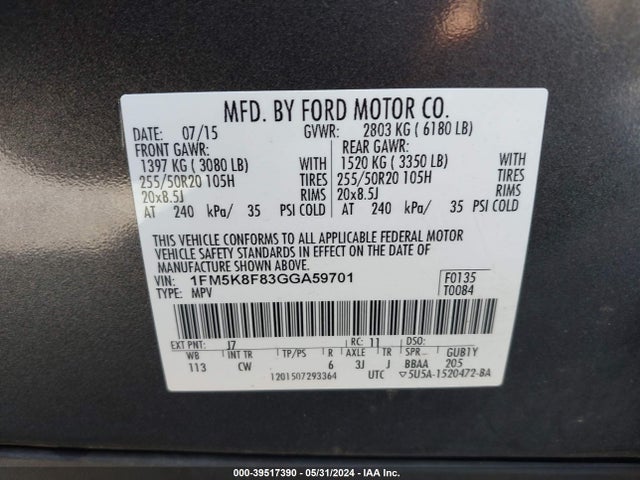 Ford Explorer Limited 2016 1FM5K8F83GGA59701 Image 9