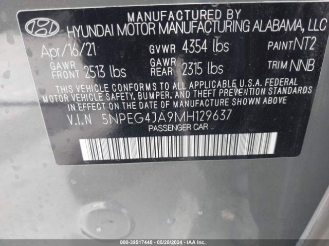 5NPEG4JA9MH129637 Hyundai SONATA SE