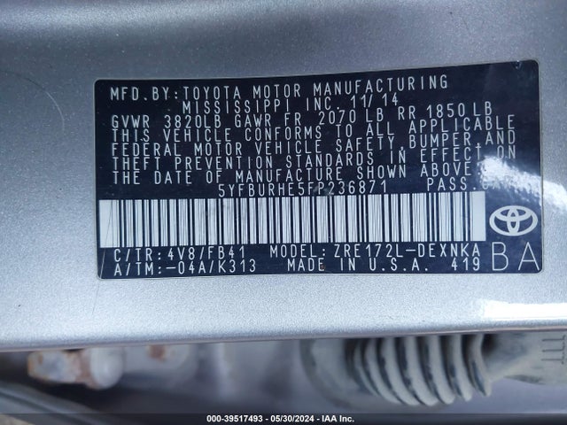 Toyota COROLLA LE 2015 5YFBURHE5FP236871 Image 9