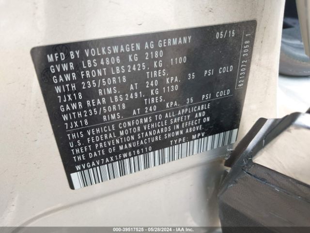 WVGAV7AX1FW616110 Volkswagen TIGUAN SE