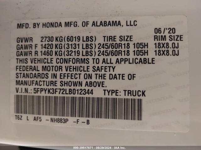 Honda Ridgeline Rtl-e 2020 5FPYK3F72LB012344 Image 9