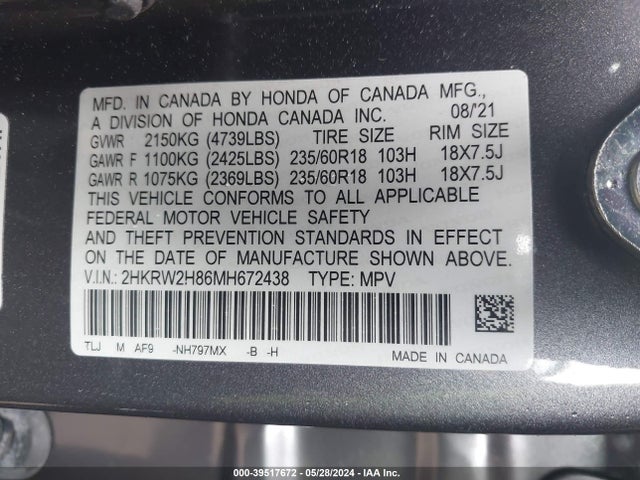 Honda Cr-v Awd Ex-l 2021 2HKRW2H86MH672438 Image 9