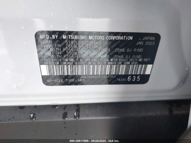 JA4J4VA80PZ037351 Mitsubishi Outlander Sel 2.5 S-awc
