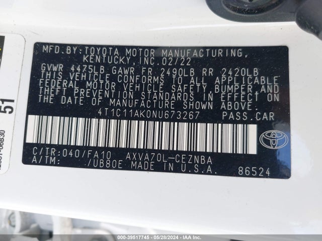 Toyota CAMRY LE 2022 4T1C11AK0NU673267 Image 9