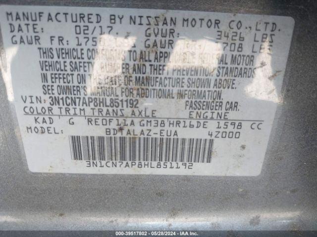 3N1CN7AP8HL851192 Nissan Versa 1.6 S+