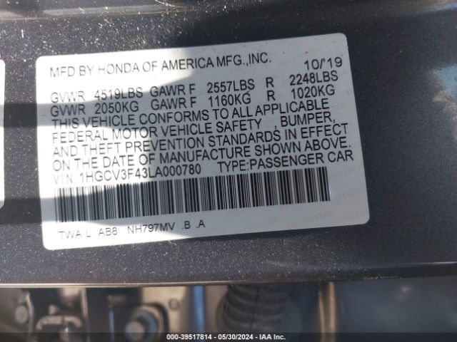1HGCV3F43LA000780 Honda Accord Hybrid Ex