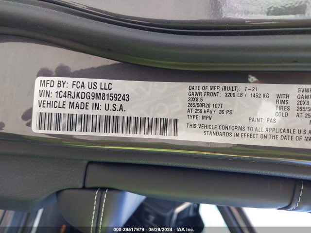 1C4RJKDG9M8159243 Jeep Grand Cherokee L Overland 4x4