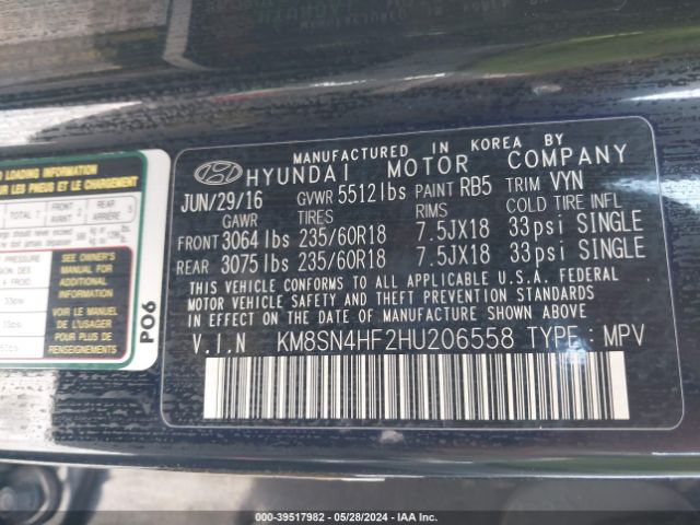 KM8SN4HF2HU206558 Hyundai Santa Fe Se
