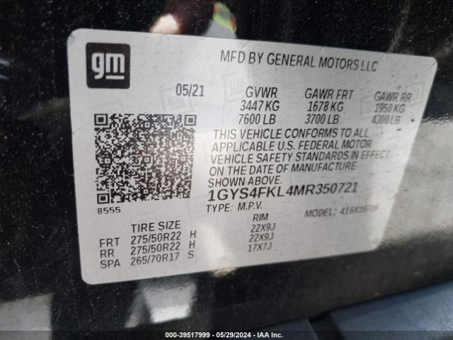 1GYS4FKL4MR350721 Cadillac Escalade 4wd Sport