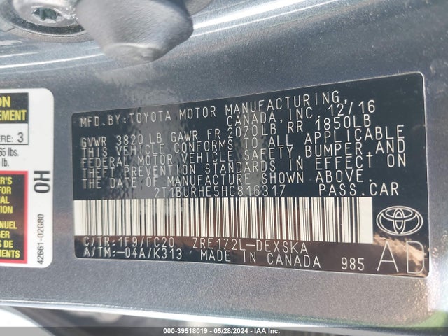 Toyota COROLLA SE 2017 2T1BURHE5HC816317 Image 9