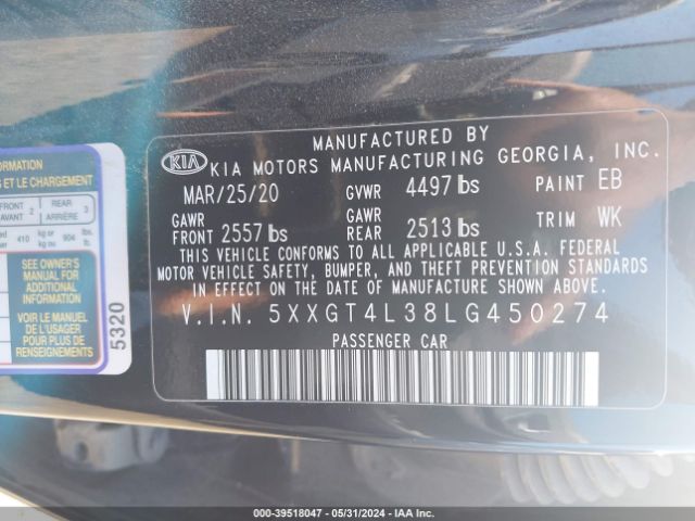 5XXGT4L38LG450274 KIA Optima Se