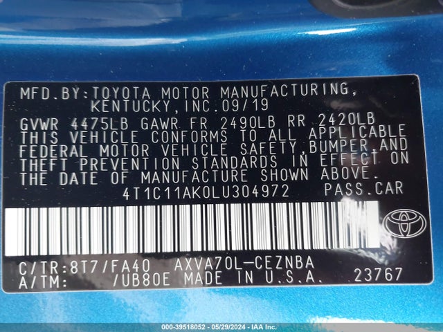 Toyota CAMRY LE 2020 4T1C11AK0LU304972 Image 9