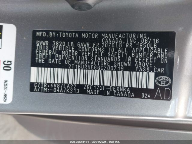 2T1BURHE6GC700719 Toyota Corolla Le Premium