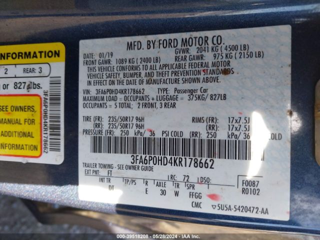 3FA6P0HD4KR178662 Ford FUSION SE