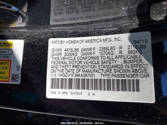 1HGCV1F39KA087031 Honda Accord Sport