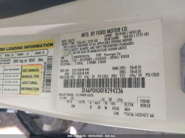3FA6P0HD0FR294236 Ford FUSION SE