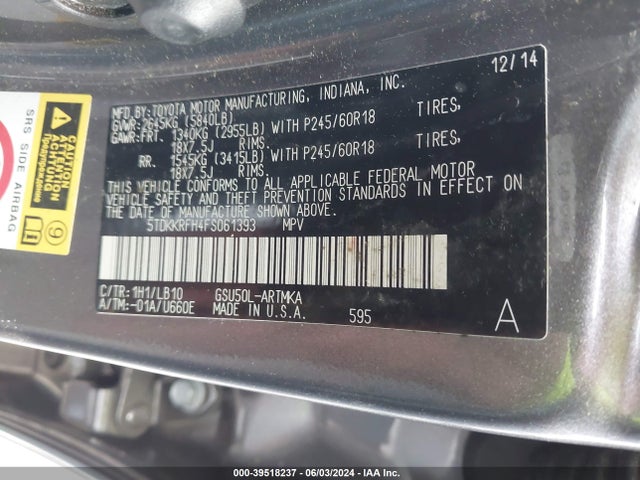 Toyota Highlander Xle V6 2015 5TDKKRFH4FS061393 Image 9