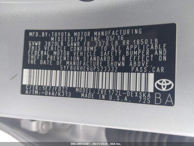 5YFBURHE6GP523332 Toyota Corolla S
