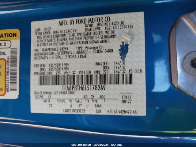 Ford Mustang Ecoboost Fastback 2020 1FA6P8TH6L5178269 Image 9