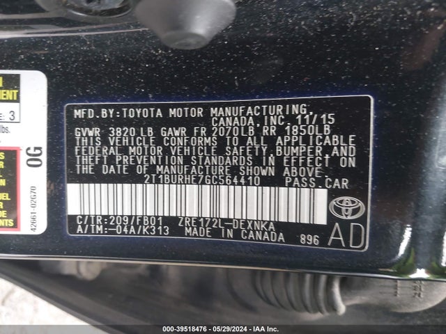 Toyota COROLLA LE 2016 2T1BURHE7GC564410 Image 9