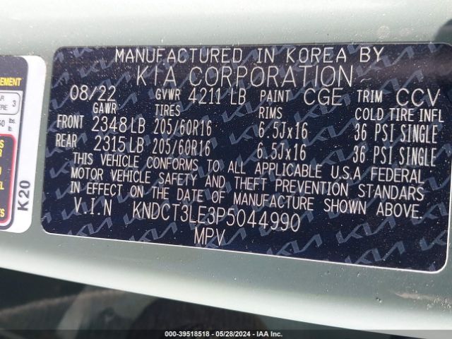 KNDCT3LE3P5044990 KIA NIRO SX