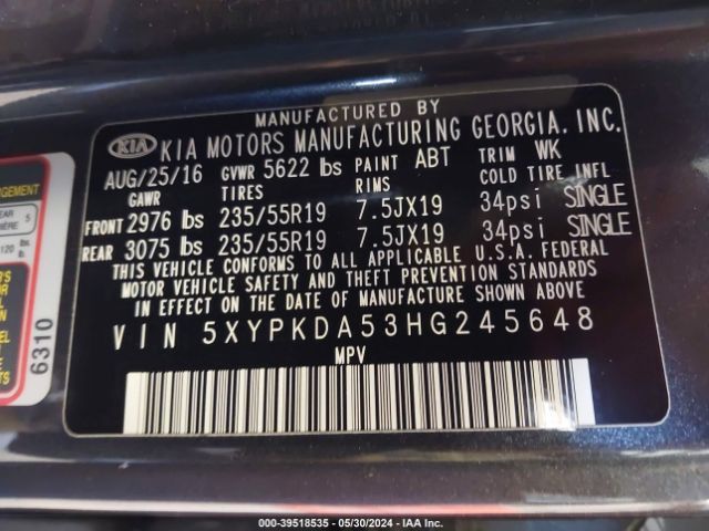 5XYPKDA53HG245648 KIA Sorento 3.3l Sxl